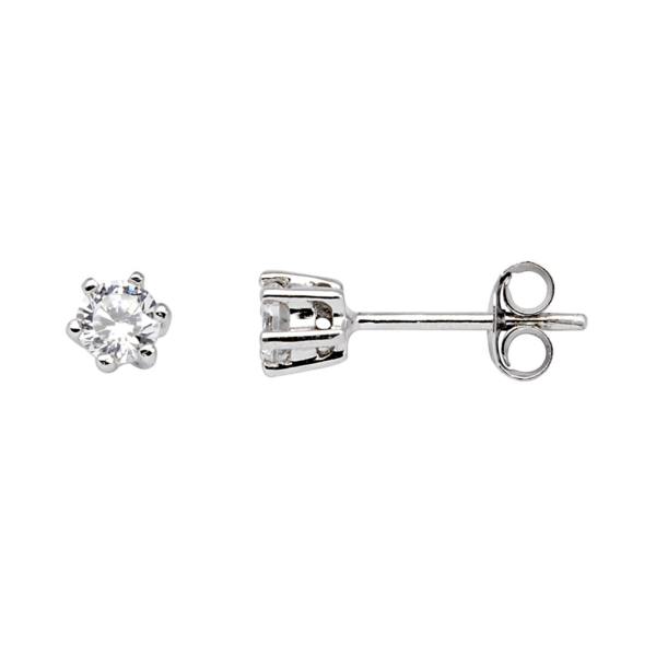 Silberohrstecker rhodiniert mit 4 mm facettiertem Zirkonia in 6 Krappen. Maße: 4 mm.