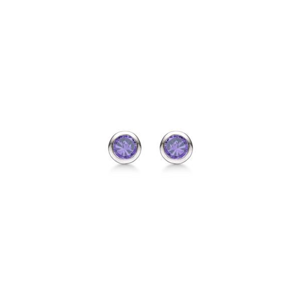 Silberner Ohrring rhodinierter runder synthetischer Amethyst.