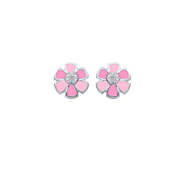 Silberne Ohrstecker 2-farbige Blume mit facettiertem Zirkonia und rosa/rosa bleifreier Emaille