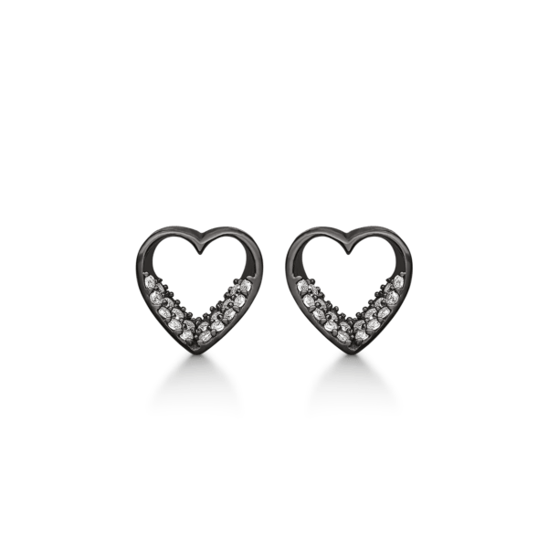 Silberohrring schwarz rhodiniertes Herz mit facettiertem Zirkonia an der Unterseite.