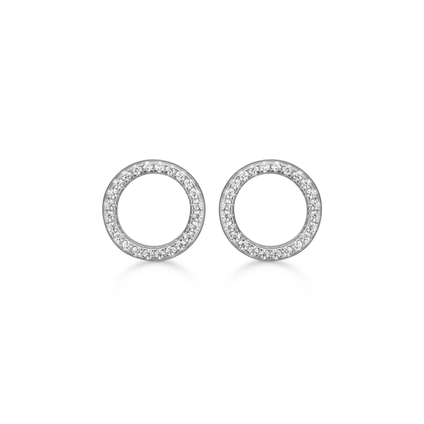 Silberohrring rhodinierter Kreis mit facettiertem Zirkonia am Rand.