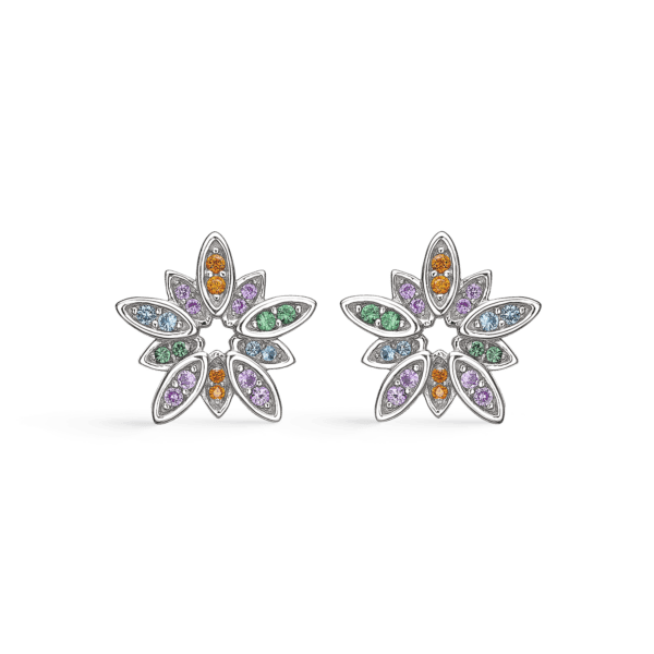 Silberne Ohrstecker rhodinierte Blume mit facettierten Zirkonia in verschiedenen Farben.