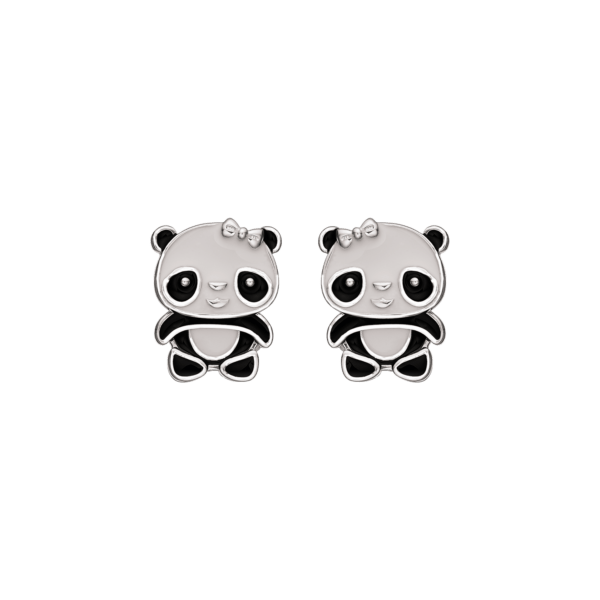 Silberner Ohrring Panda mit Schleife mit/schwarz/weißer bleifreier Emaille.