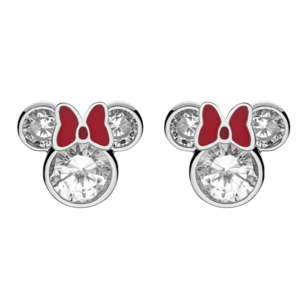 Silberner Ohrring Minnie Mouse rote Schleife mit facettiertem Zirkonia.