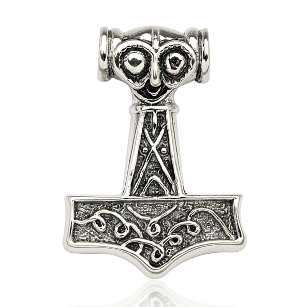 Thorshammer Mjølner Anhänger Silber mit Kreuzwirbeln und Kopf. Misst 25 x 35 mm.