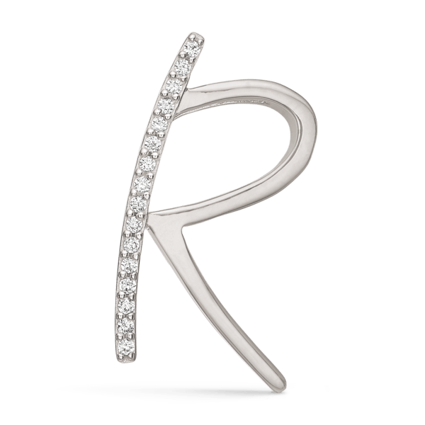 Buchstabenanhänger in Silber R. mit facettierten Zirkonia. Abmessungen: 18 x 10 x 4 mm.