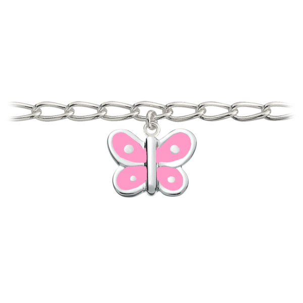Silberarmband Schmetterling mit rosafarbener bleifreier Emaille. Es gibt 1 Charm auf dem Armband.