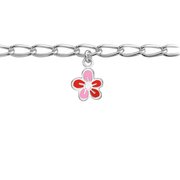 Silberarmband Blume mit roter und rosafarbener bleifreier Emaille. Länge 16 cm.
