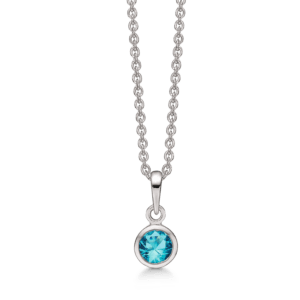 Silberkette runder synthetischer Aquamarin. Die Kette ist aus rhodiniertem Silber und hat eine Länge von 42-45 cm.