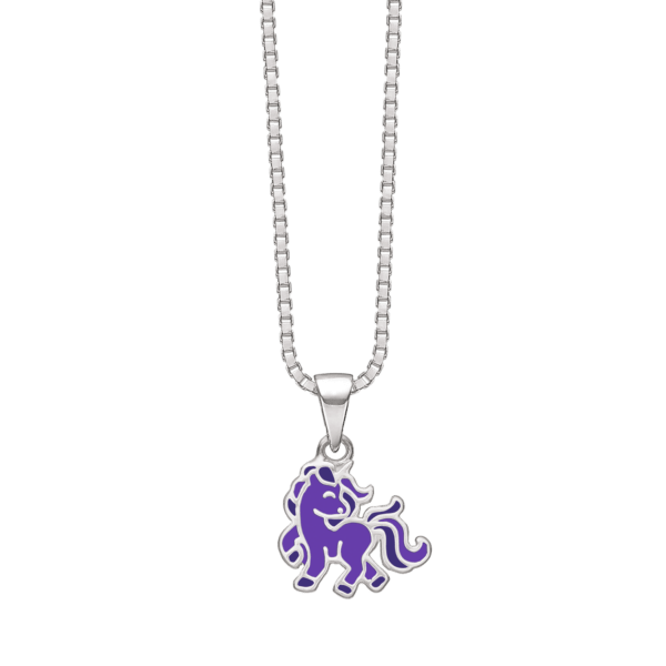 Einhornkette Silber mit lila Emaille. Die Länge der Kette beträgt 36 cm.