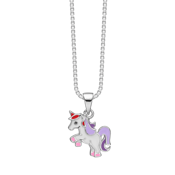 Einhorn-Halskette silbern mit weißer/violetter/rosa/roter/schwarzer Emaille.