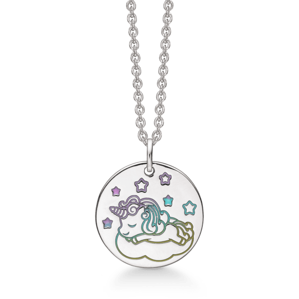 Einhorn-Halskette in Silber mit Skyr und Sternen in hellroter und hellblauer Emaille auf einer runden Platte