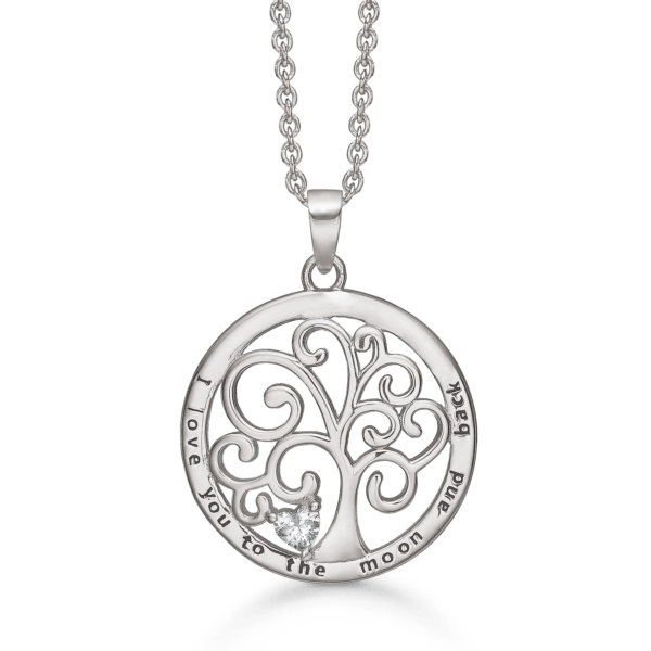 Arkandi Lebensbaumkette Silber, mit Gravur und herzförmigem Zirkoniastein - 42-45 cm