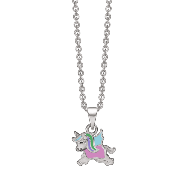 Einhorn-Halskette aus rhodiniertem Silber mit pink/grün/blauer Emaille