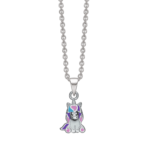 Einhorn-Halskette aus rhodiniertem Silber mit weißer/rosa Emaille