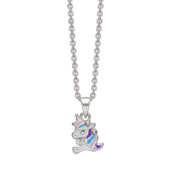 Einhorn-Halskette Silbernes rhodiniertes Einhorn mit weißer/rosa/blauer Emaille