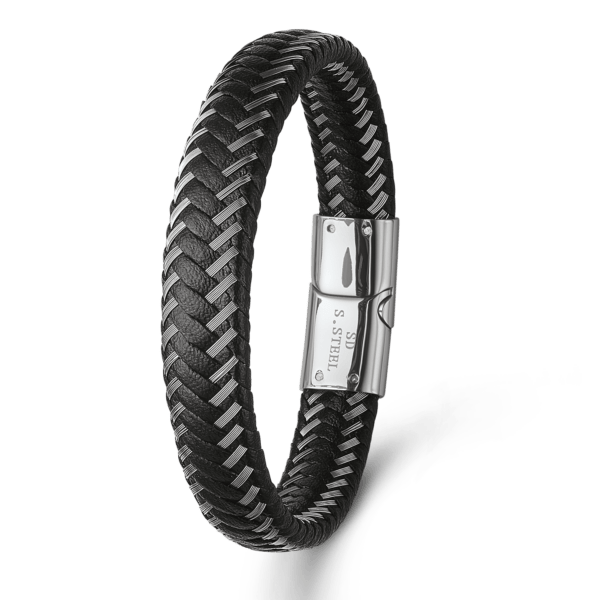 Stahlarmband geflochtenes Flachleder und Stahl 12 mm. Länge 19 cm.