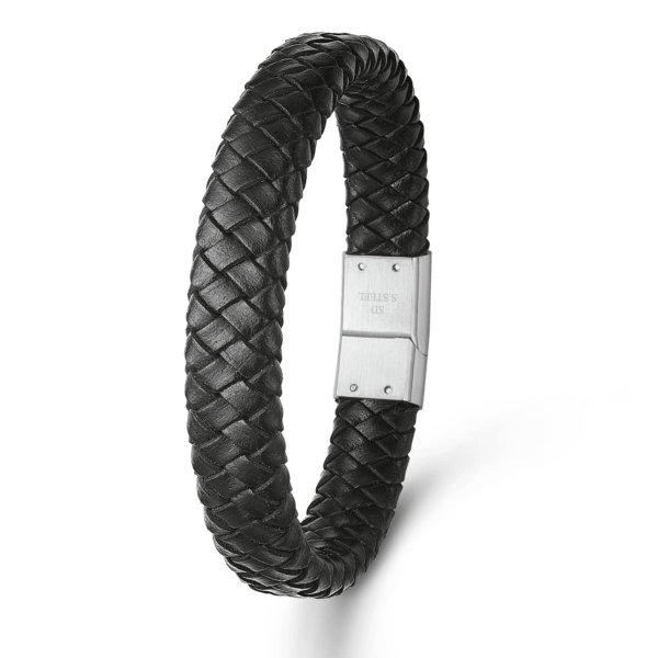 Stahlarmband 12 mm. flach geflochtenes Leder mit Magnetverschluss. Länge 19 cm.