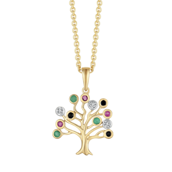 Lebensbaum Kette 8 Karat Gold mit Saphir, Rubin, Smaragd und Zirkonia