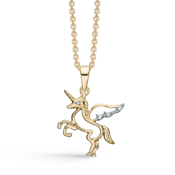 Einhornkette aus 8 Karat Gold mit Flügeln mit facettierten Zirkonia