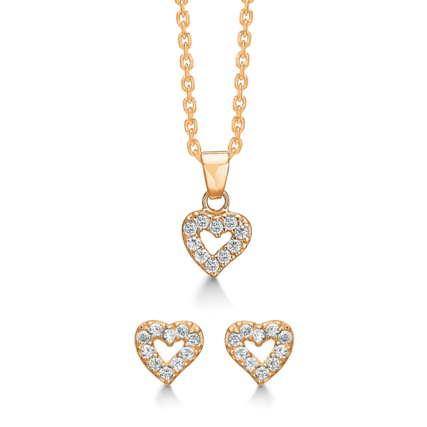 Silbervergoldetes Schmuckset Herz mit facettiertem Zirkonia am Rand.