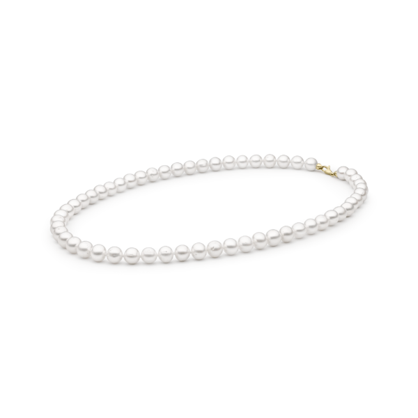 Perlenkette aus 14-karätigem Gold mit runden, echten weißen Süßwasserperlen. 50 cm