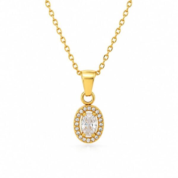 Wasserfeste ovale Halo-Halskette mit Zirkonia in 18 Karat PVD-Gold
