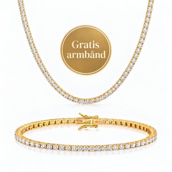 Set aus Tennisarmband und Tennishalskette – 18 kt vergoldet und 3 mm Zirkonia