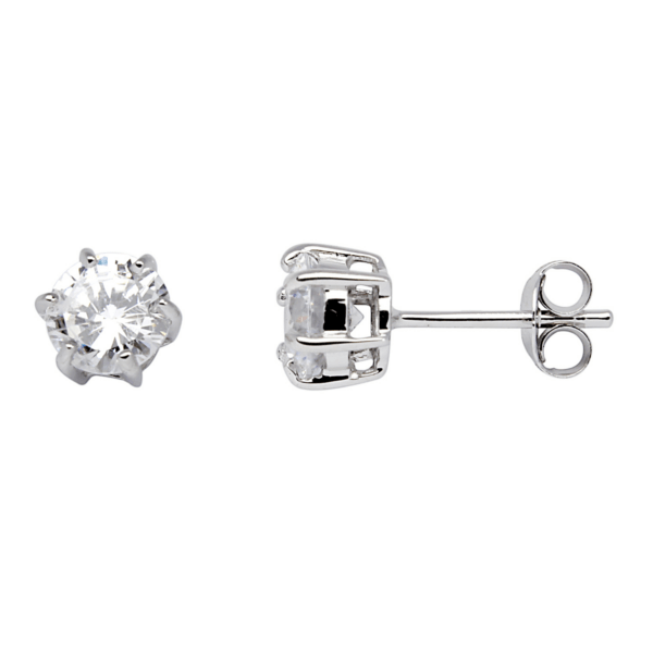 Silberohrstecker rhodiniert mit 6 mm facettiertem Zirkonia in 6 Krappen. Abmessungen: 6mm.