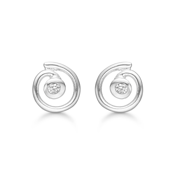 Silberne Ohrstecker Spirale mit facettiertem Zirkonia in der Mitte.