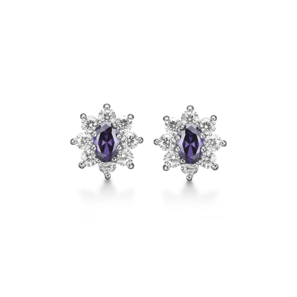 Silberohrringe rhodinierter ovaler synthetischer Amethyst mit 8 facettierten Zirkonia herum.