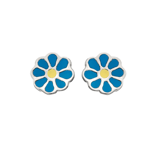 Silberne Ohrstecker Blume mit blauer und gelber bleifreier Emaille.