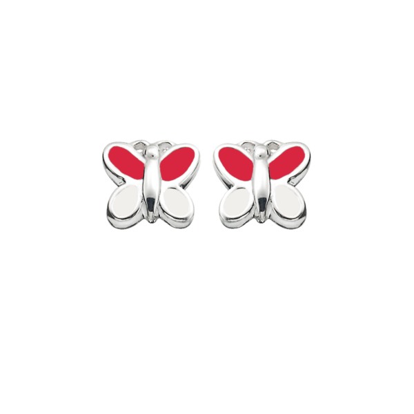 Silberne Ohrstecker 2-farbiger Schmetterling mit roter und weißer bleifreier Emaille.