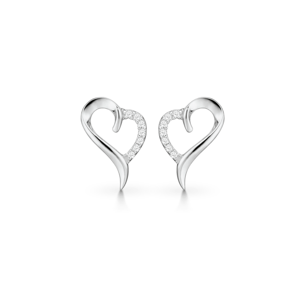 Silberner Ohrring rhodiniertes schiefes Herz mit facettiertem Zirkonia an einer Kante.