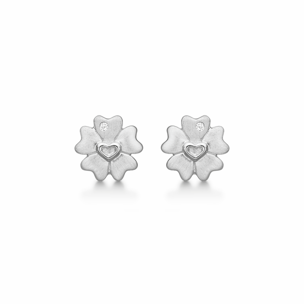 Silberne Ohrstecker rhodiniert matt/glänzend Herzblume mit facettierten Zirkonia.
