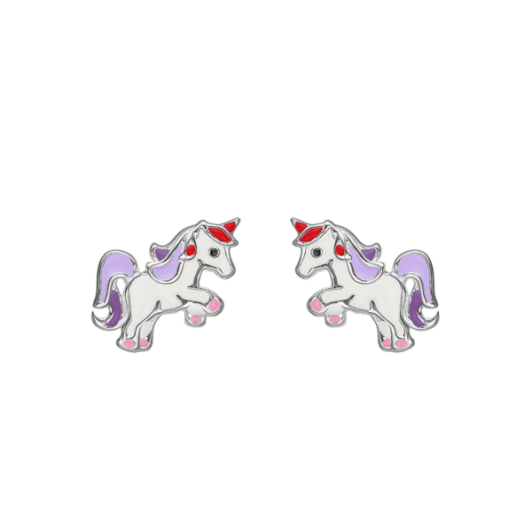 Einhorn-Ohrringe Silber mit weißer/violetter/rosa/roter/schwarzer Emaille.