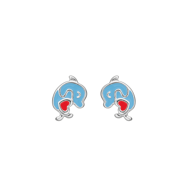 Silberne Ohrringe Delphin mit Herz und blauer und roter bleifreier Emaille.