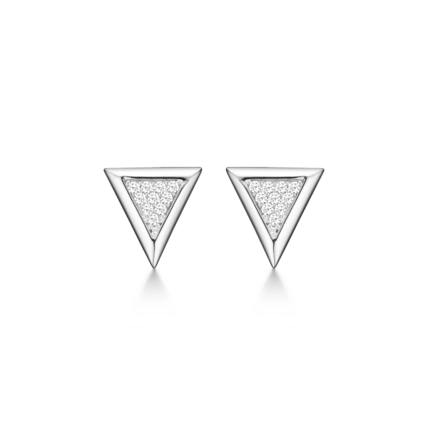 Silberrhodinierte Dreiecksohrringe mit breitem Rand und besetzt mit facettierten Zirkonia.