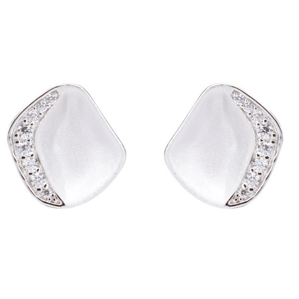 Silberne Ohrringe rhodiniert, gebogenes Quadrat mit facettiertem Zirkonia auf einer Seite.