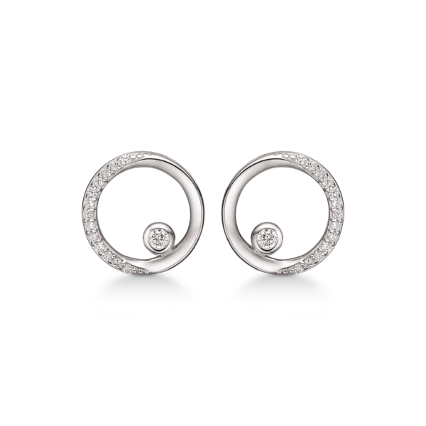 Silberohrring rhodinierter Kreis mit Zirkonia auf einer Seite und einem großen in der Mitte.