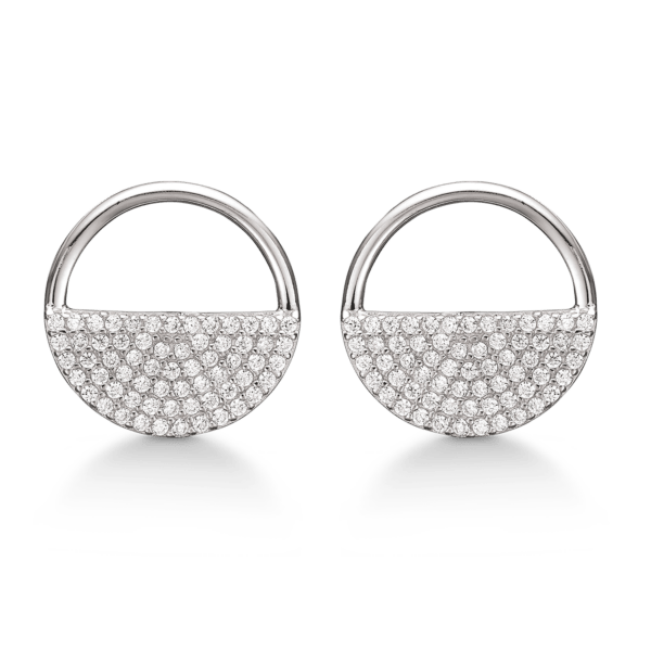 Silberohrring rhodinierter Kreis offen mit facettiertem Zirkonia in der Hälfte.