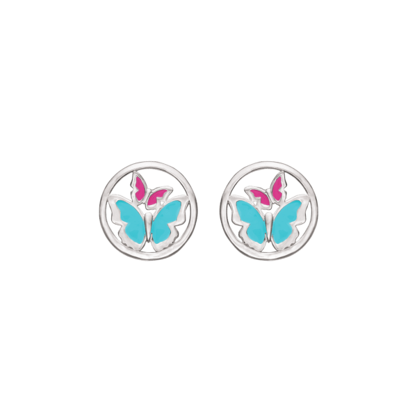 Silberner Ohrringkreis mit Schmetterlingen mit bleifreier Emaille in Türkis und Rosa.