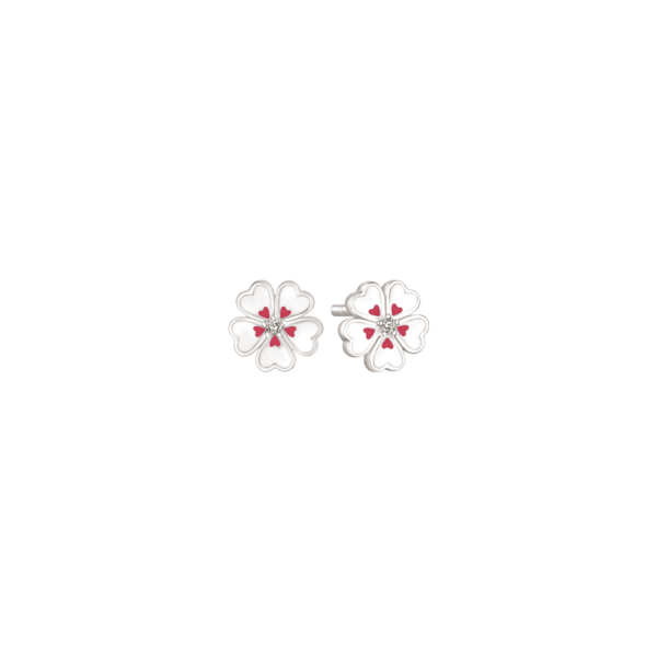 Silberohrring weiße und rote Blume von 5 Herzen mit Emaille "Blume der Herzen"