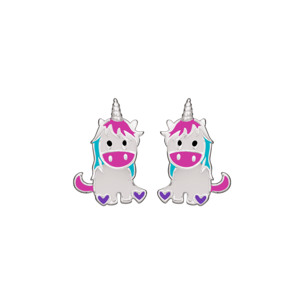 Einhorn-Ohrringe Silber mit rosa/hellblau/weißer Emaille.