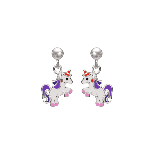 Kleine Einhorn-Hängeohrringe aus Silber und bunter Emaille