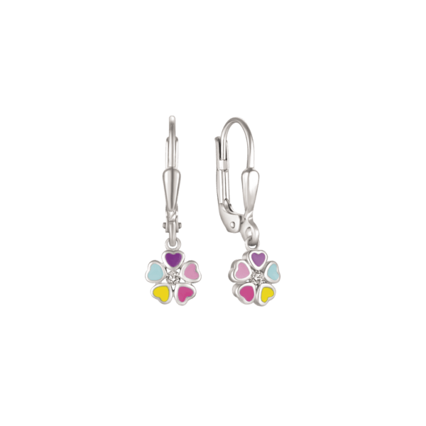 Silberner Ohrring Blume aus 5 Herzen mit mehrfarbiger Emaille mit Zirkonia
