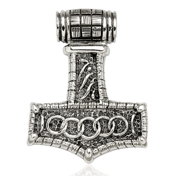 Thorshammer Mjølner Anhänger Silber mit 5 Ringen und Quadraten. Abmessungen 38 x 30 mm.