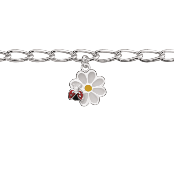 Silberarmband Blume mit weißer und gelber bleifreier Emaille mit Marienkäfer.
