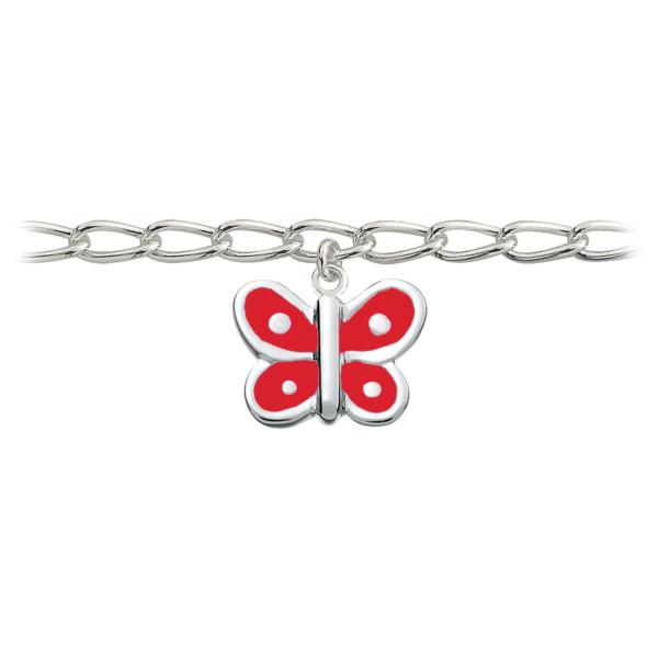 Silberarmband Schmetterling mit roter bleifreier Emaille. Es gibt 1 Charm auf dem Armband. Länge 16 cm.