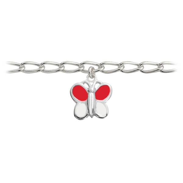 Silberarmband 2-farbiger Schmetterling mit roter und weißer bleifreier Emaille. Es gibt 1 Charm auf dem Armband